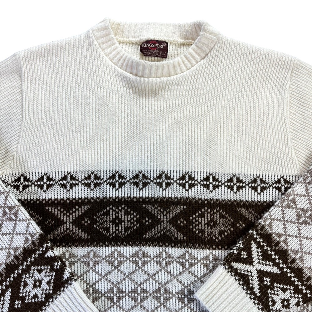 VTG KINGSPORT‎ Mens Vintage Cream Brown Fair Isle Knit Sweater L Acrylic